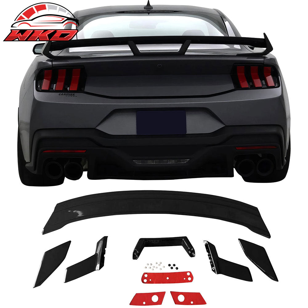 Fits 24-26 Ford Mustang Dark Horse Gloss Black Trunk Spoiler W/ Gurney Glap ABS