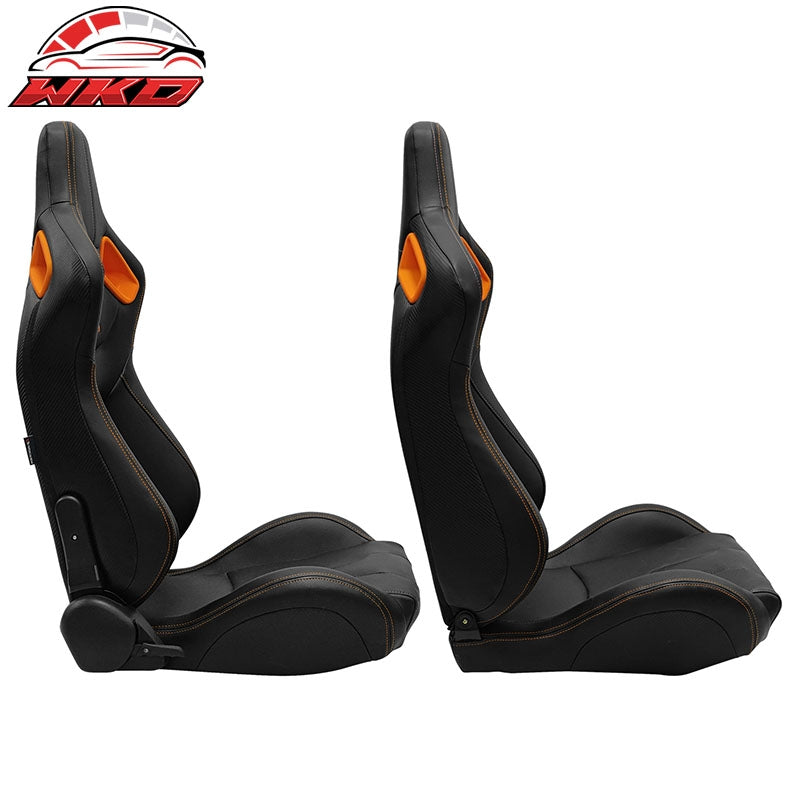 Universal 2 Adjust Racing Seat Dual Slider PU Carbon Leather Orange Bezel Stitch