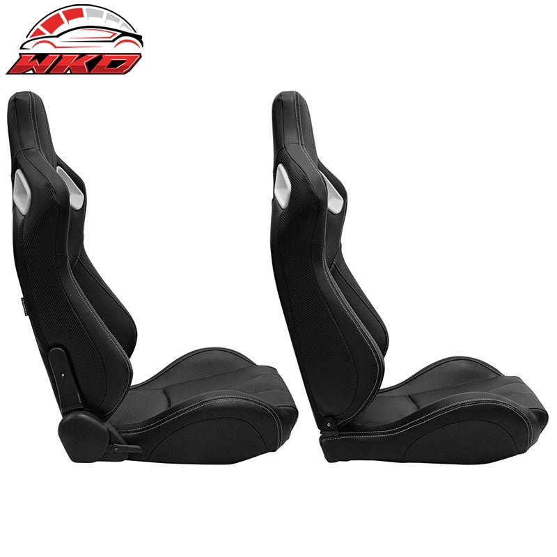 Universal x2 Adjust Racing Seat Dual Slider PU Carbon White Bezel Stitch