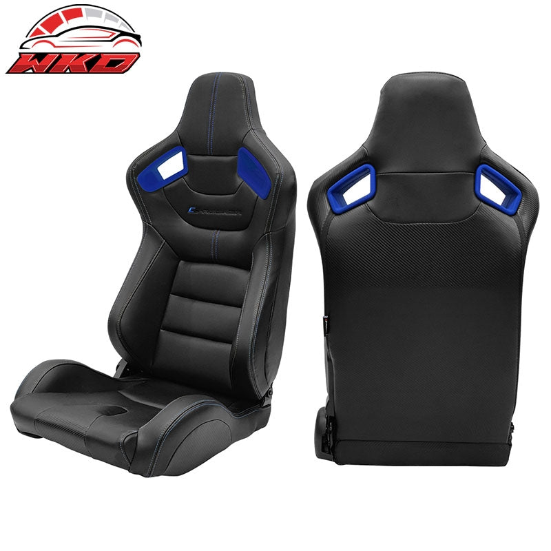 Universal x2 Adjustable Racing Seat Dual Slider PU Carbon Blue Bezel Stitch