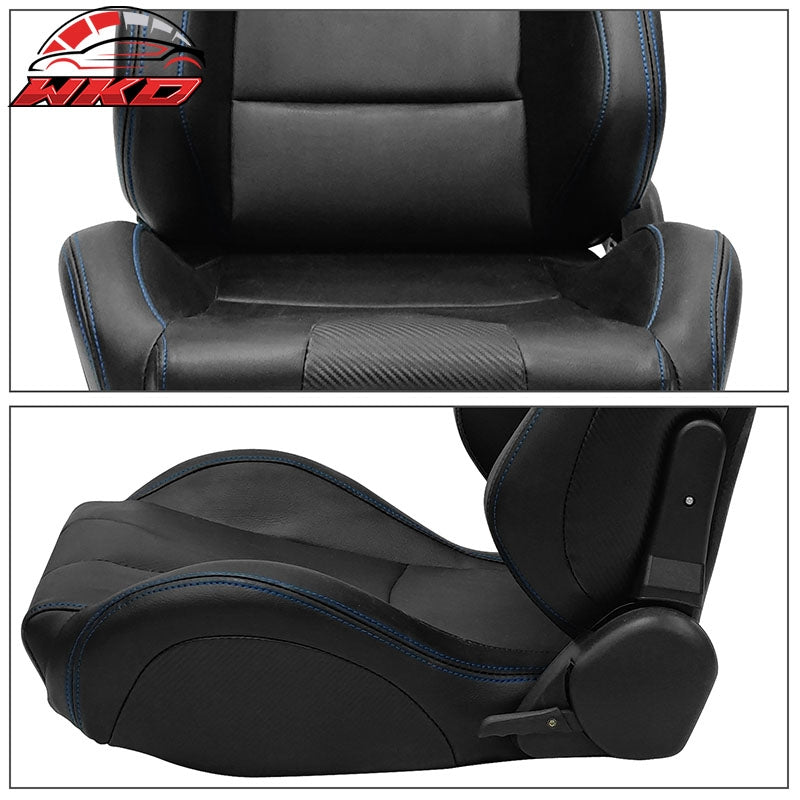 Universal x2 Adjustable Racing Seat Dual Slider PU Carbon Blue Bezel Stitch