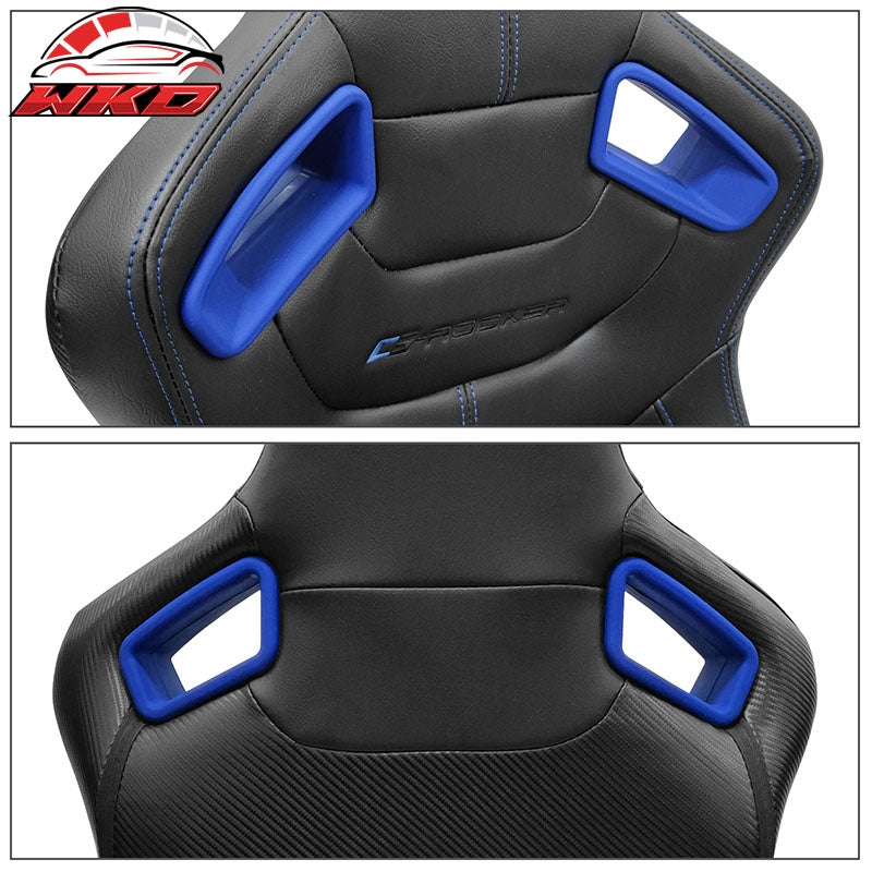 Universal x2 Adjustable Racing Seat Dual Slider PU Carbon Blue Bezel Stitch