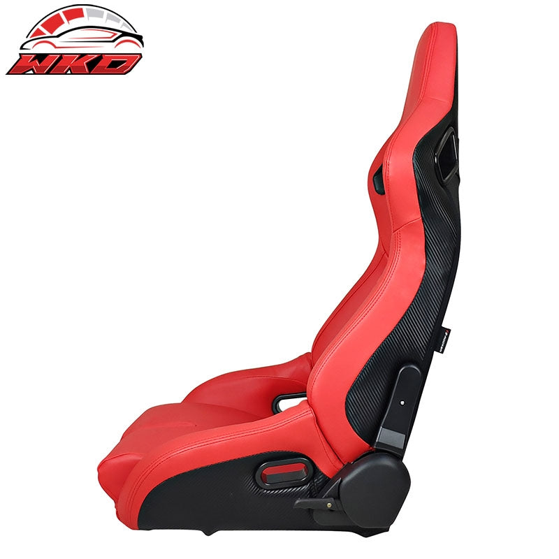 Universal Reclinable Bucket Racing Seat Left Side Dual Sliders Red PU Leather