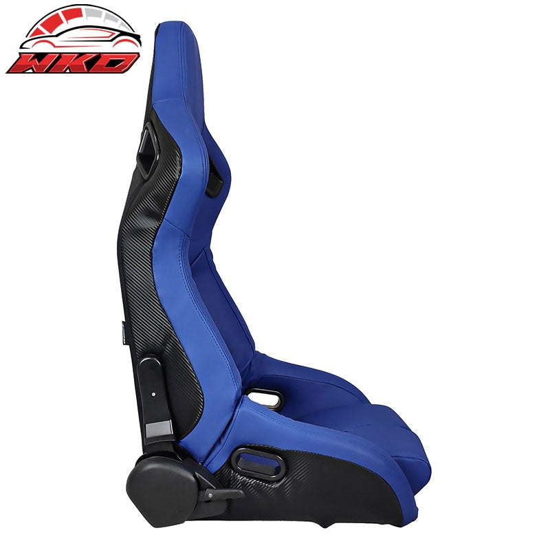 Universal Reclinable Bucket Racing Seat Right Side Dual Sliders Blue PU Leather