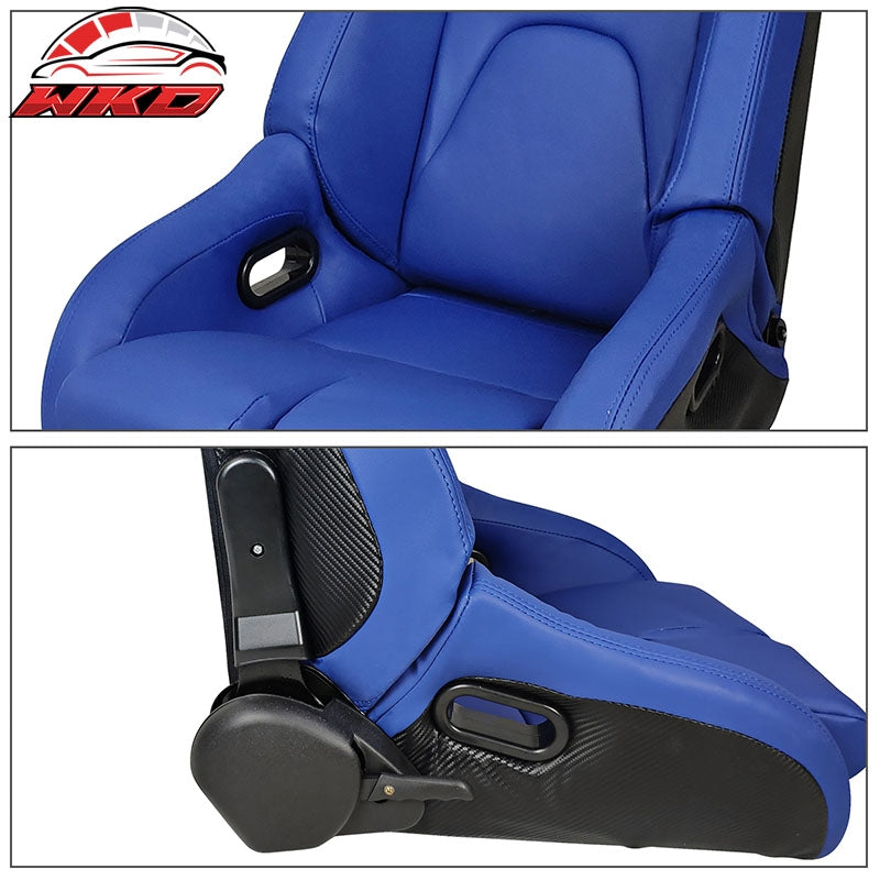Universal Reclinable Bucket Racing Seat Right Side Dual Sliders Blue PU Leather