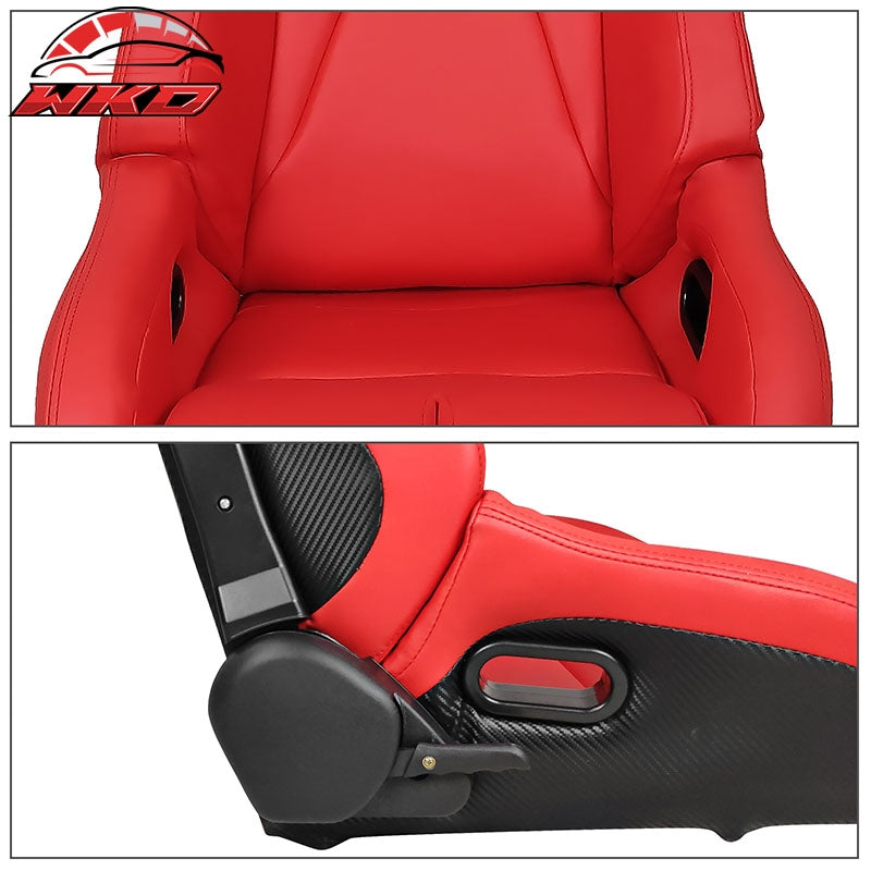 Universal Reclinable Bucket Racing Seat Right Side Dual Sliders Red PU Leather