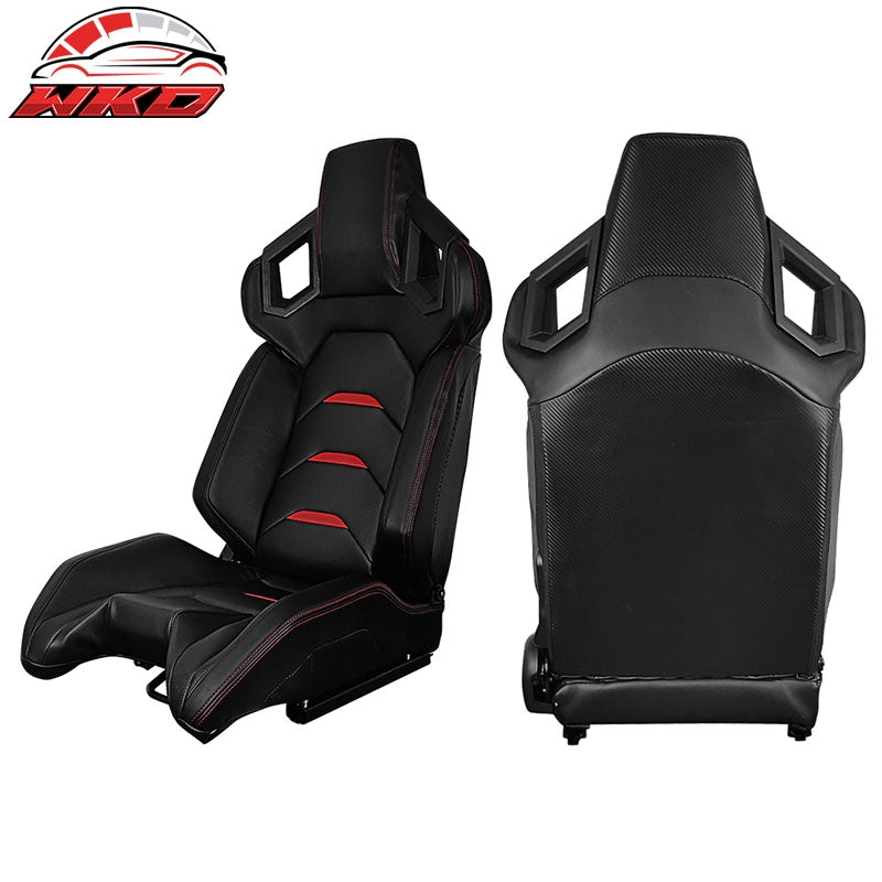 Universal Pair Reclinable Racing Seats Dual Sliders PU Carbon Leather Red Stripe