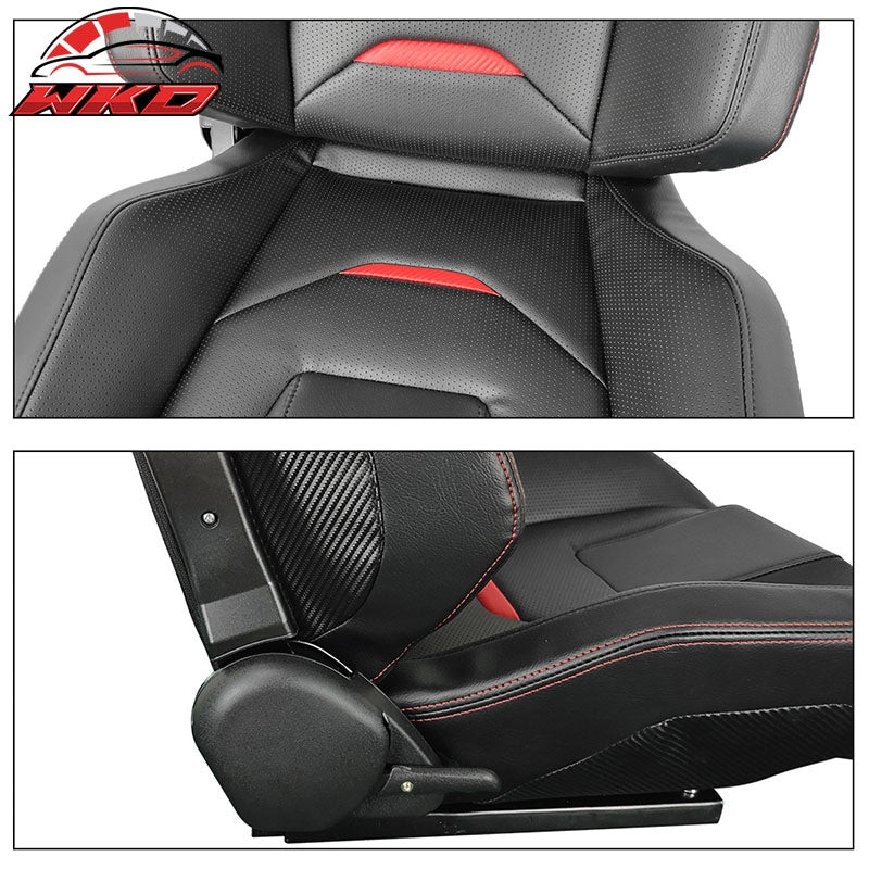 Universal Pair Reclinable Racing Seats Dual Sliders PU Carbon Leather Red Stripe