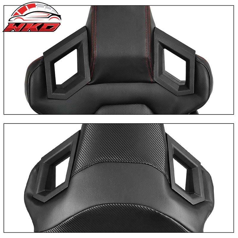 Universal Pair Reclinable Racing Seats Dual Sliders PU Carbon Leather Red Stripe
