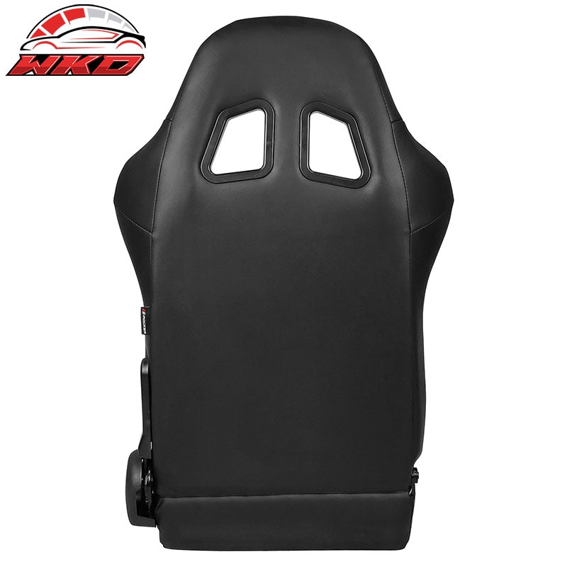 Universal Reclinable Racing Seat Dual Slider Left Black PU Leather White Stripe