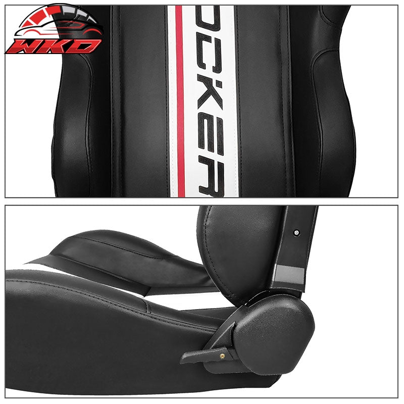 Universal Reclinable Racing Seat Dual Slider Left Black PU Leather White Stripe