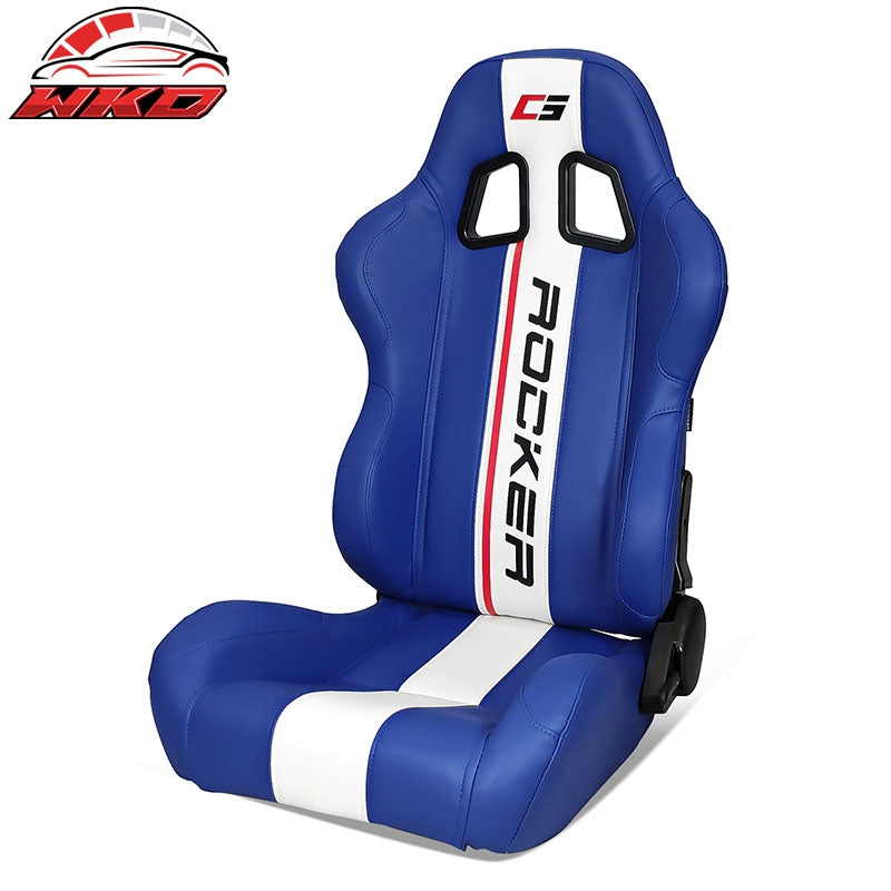 Wholesale Universal Reclinable Racing Seat Dual Slider Left Blue PU Leather White Stripe