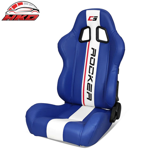 Wholesale Universal Reclinable Racing Seat Dual Slider Left Blue PU Leather White Stripe