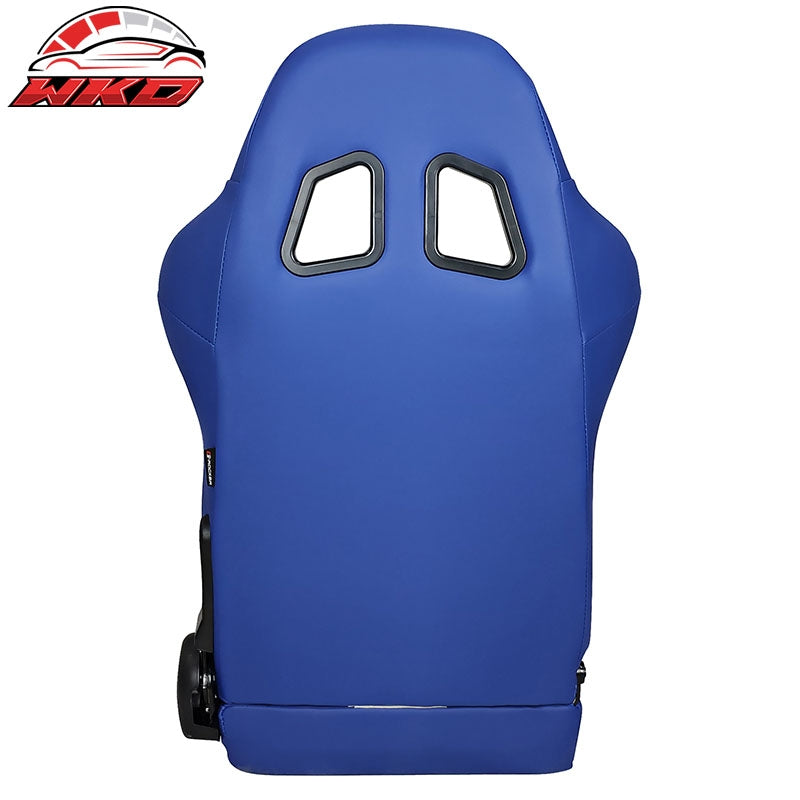 Universal Reclinable Racing Seat Dual Slider Left Blue PU Leather White Stripe