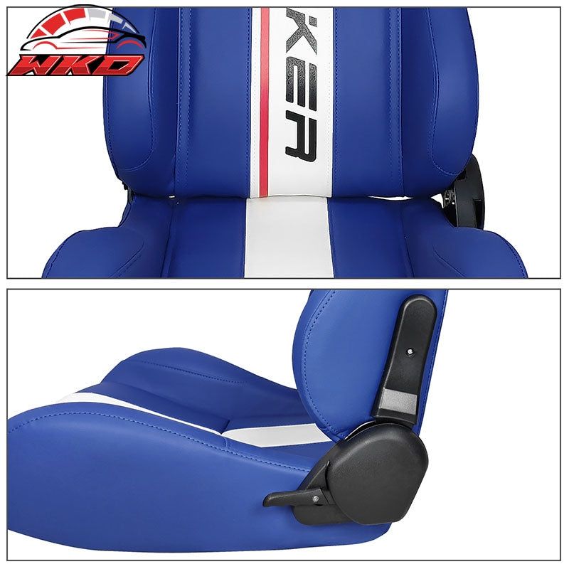 Universal Reclinable Racing Seat Dual Slider Left Blue PU Leather White Stripe