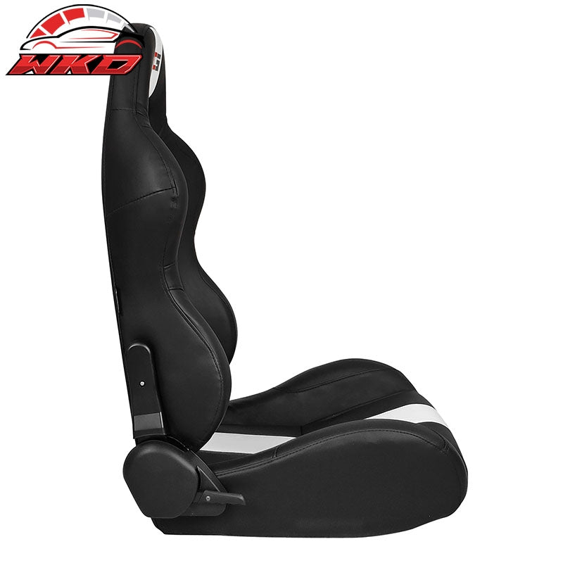 Universal Reclinable Racing Seat Dual Slider Right Black PU Leather White Stripe