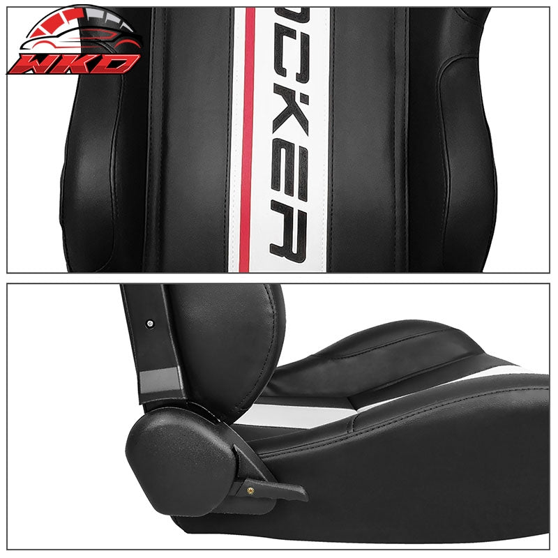 Universal Reclinable Racing Seat Dual Slider Right Black PU Leather White Stripe