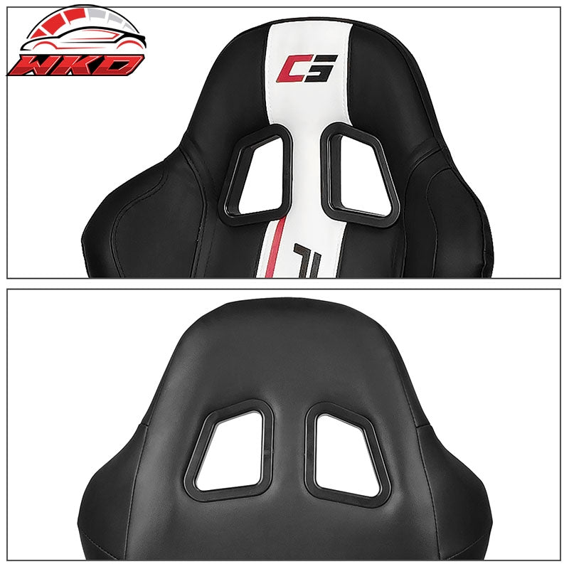 Universal Reclinable Racing Seat Dual Slider Right Black PU Leather White Stripe