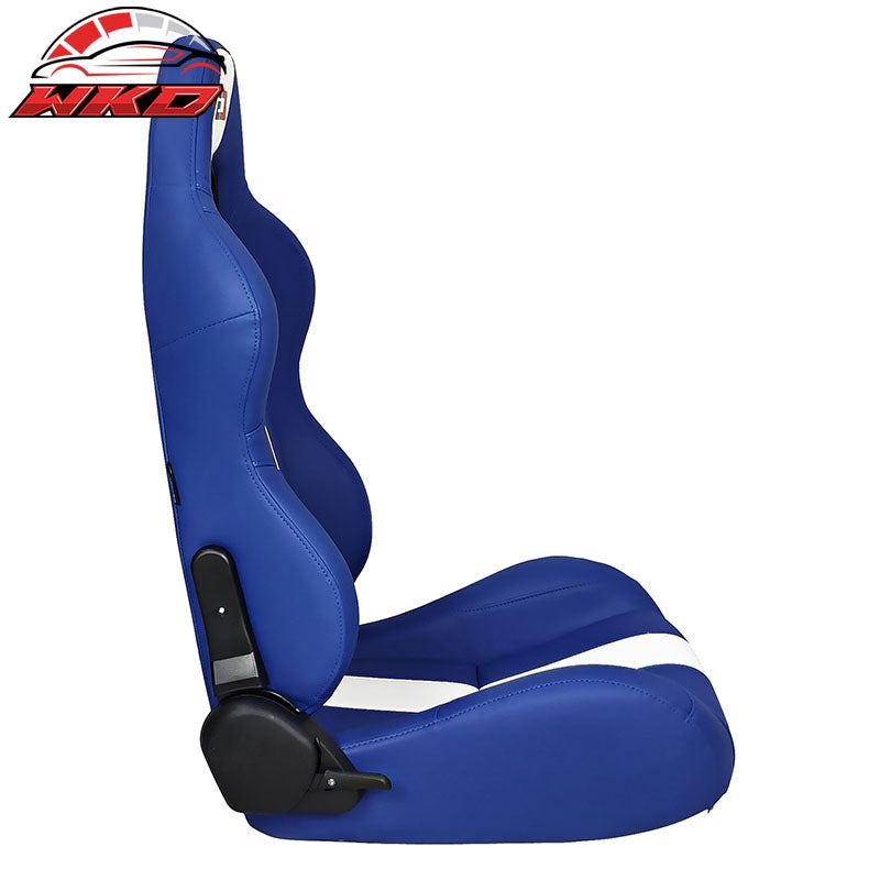 Universal Reclinable Racing Seat Dual Slider Right Blue PU Leather White Stripe