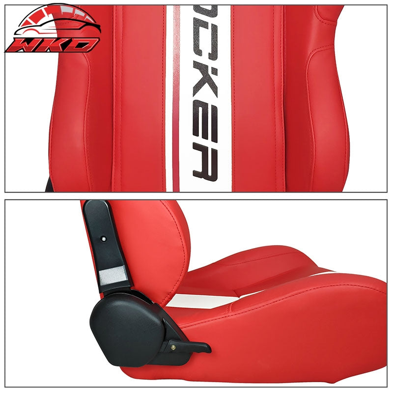 Universal Reclinable Racing Seat Dual Slider Right Red PU Leather White Stripe