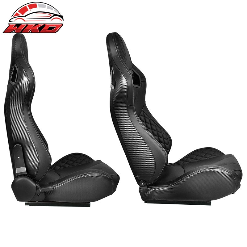 Universal Pair Reclinable Racing Seat Dual Slider PU Carbon Leather Grey Stitch