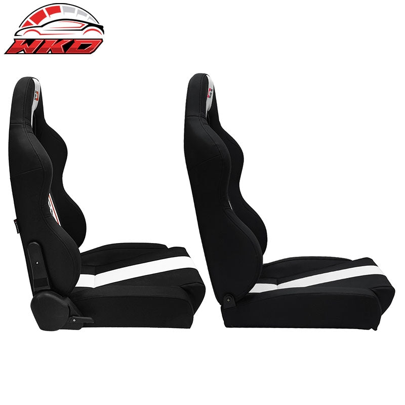 Universal Pair Reclinable Racing Seat Dual Slider White Striped Black PU Leather