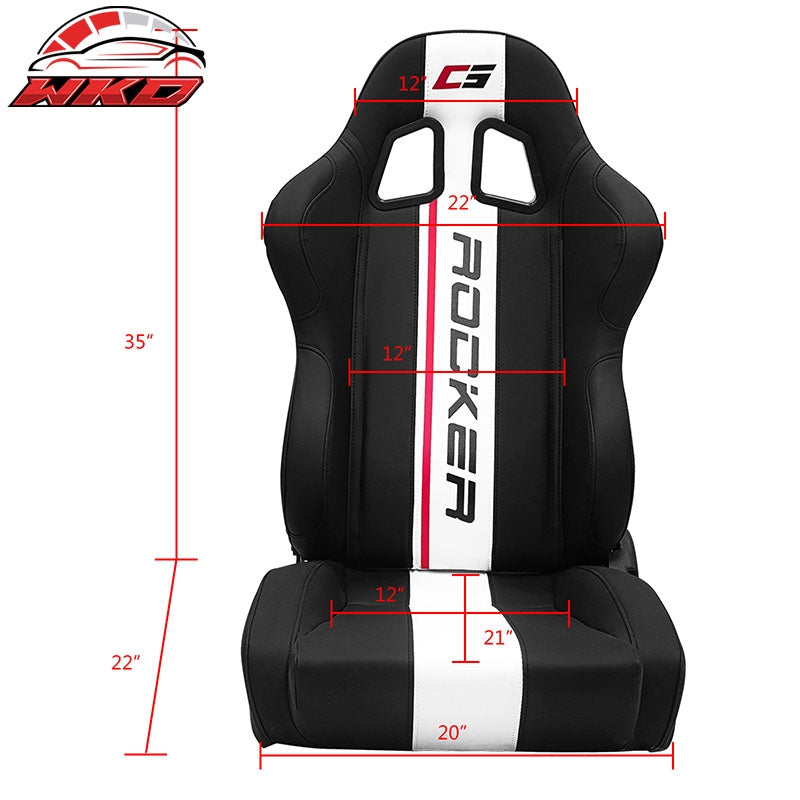 Universal Pair Reclinable Racing Seat Dual Slider White Striped Black PU Leather