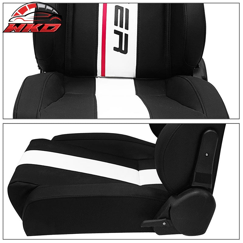 Universal Pair Reclinable Racing Seat Dual Slider White Striped Black PU Leather