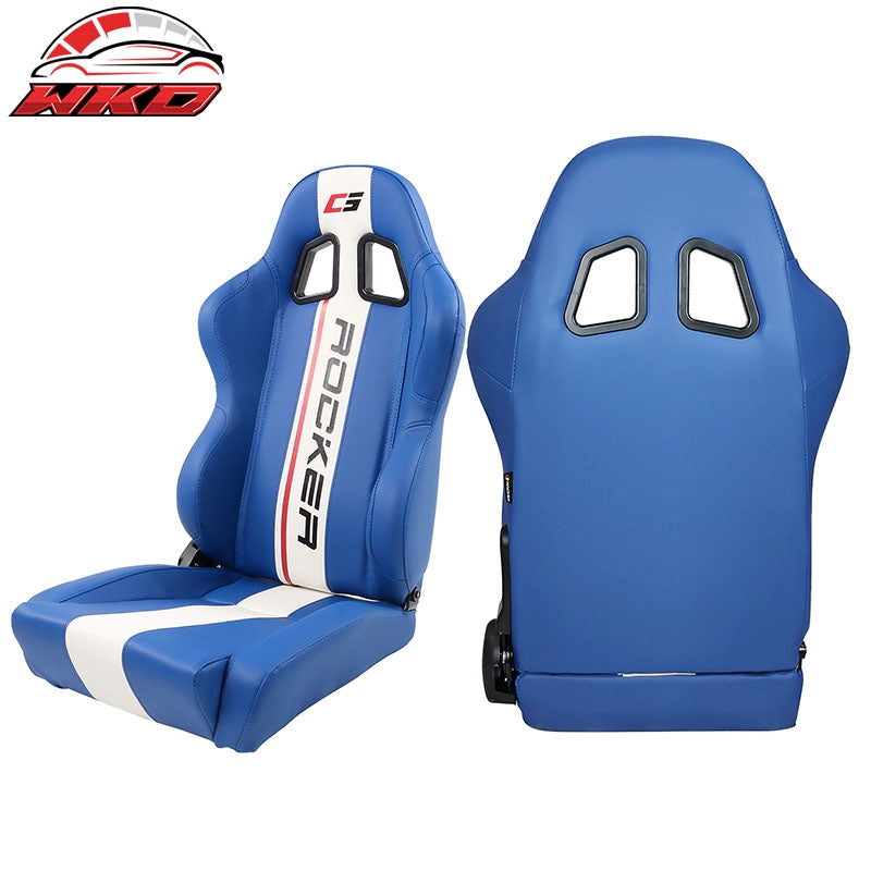 Universal Pair Reclinable Racing Seat Dual Slider White Striped Blue PU Leather