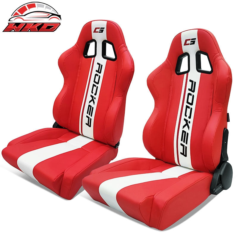 Wholesale Universal Pair Reclinable Racing Seat + Dual Slider White Striped Red PU Leather