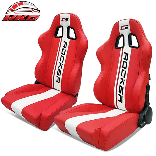 Wholesale Universal Pair Reclinable Racing Seat + Dual Slider White Striped Red PU Leather