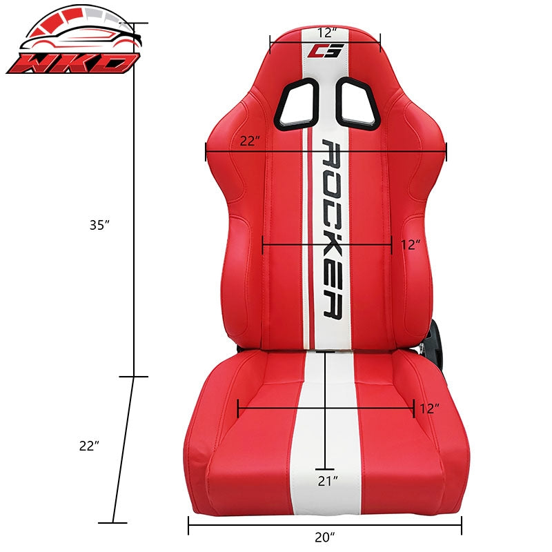 Universal Pair Reclinable Racing Seat + Dual Slider White Striped Red PU Leather
