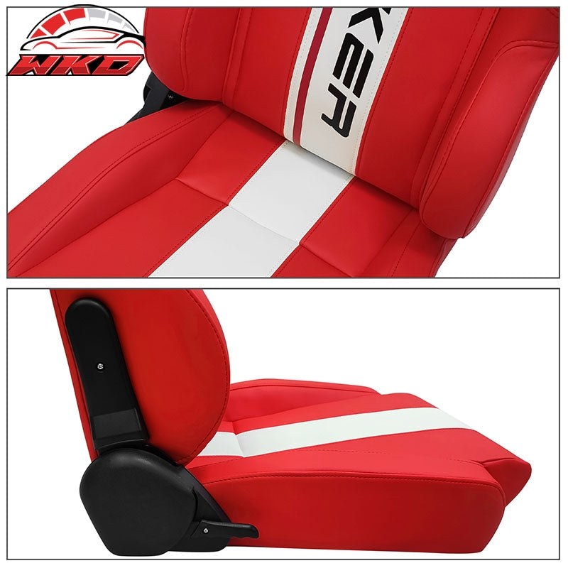 Universal Pair Reclinable Racing Seat + Dual Slider White Striped Red PU Leather
