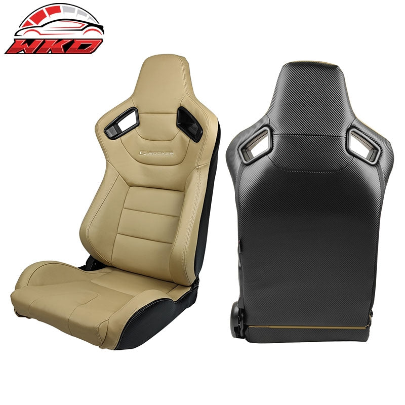 Universal Pair Reclinable Racing Seat Dual Slider Beige PU & Carbon Leather