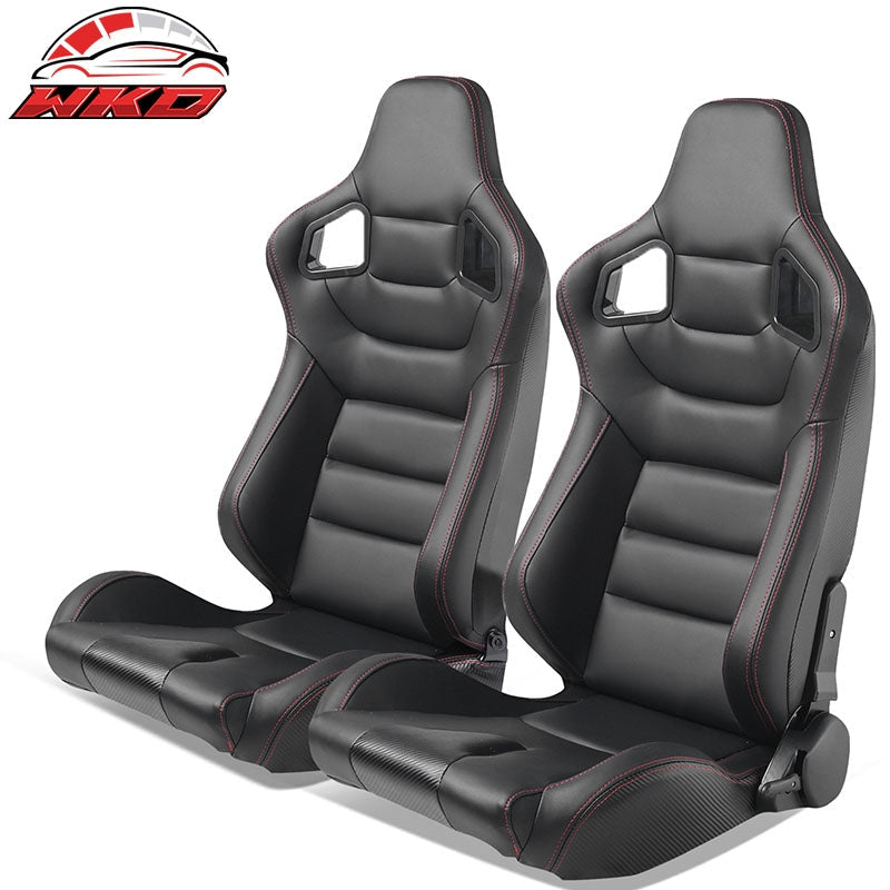 Wholesale Universal Pair Reclinable Racing Seat + Dual Slider Black PU & Carbon Leather