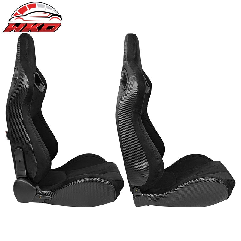 Universal Pair Reclinable Racing Seat Dual Slider Black Suede & Carbon Leather