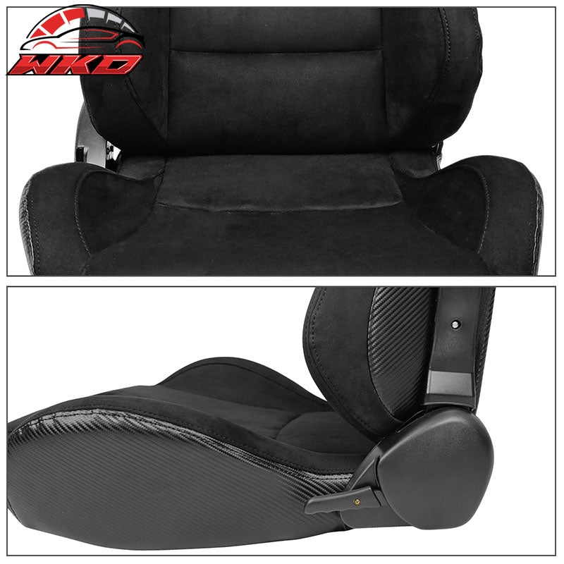 Universal Pair Reclinable Racing Seat Dual Slider Black Suede & Carbon Leather