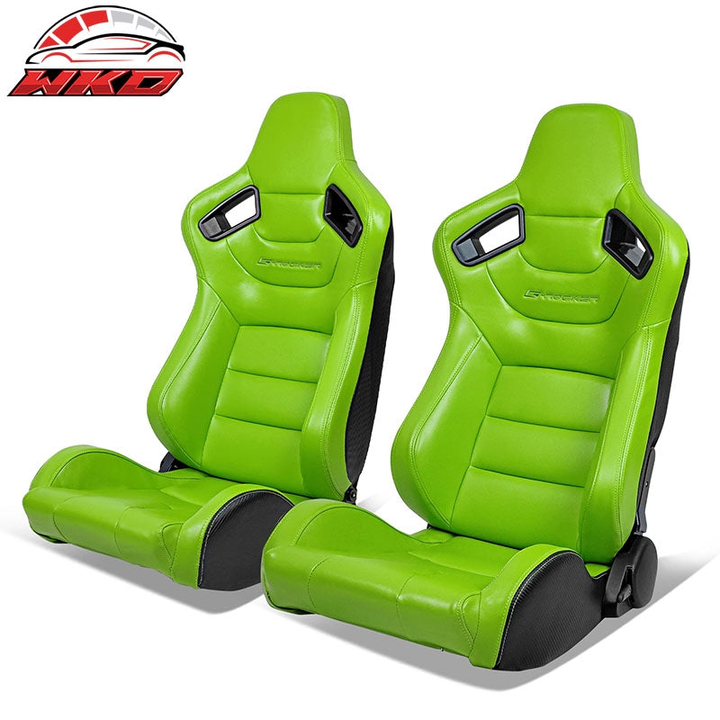 Wholesale Universal Pair Reclinable Racing Seat + Dual Slider Green PU & Carbon Leather