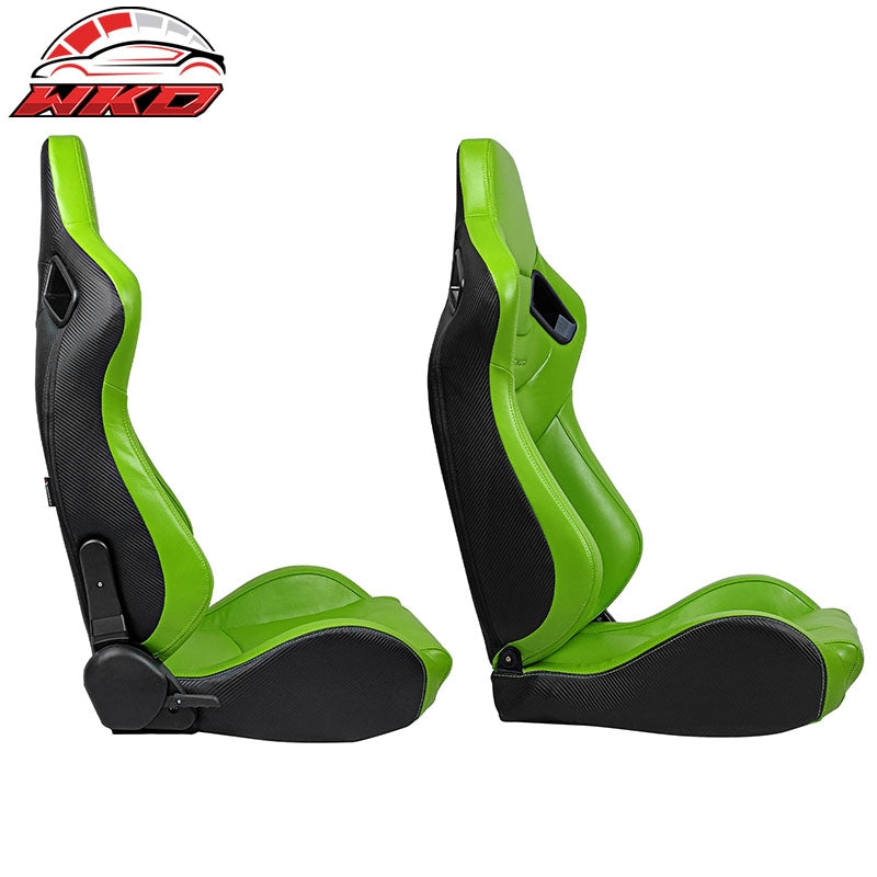 Universal Pair Reclinable Racing Seat + Dual Slider Green PU & Carbon Leather