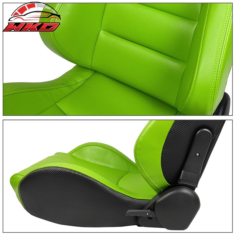 Universal Pair Reclinable Racing Seat + Dual Slider Green PU & Carbon Leather
