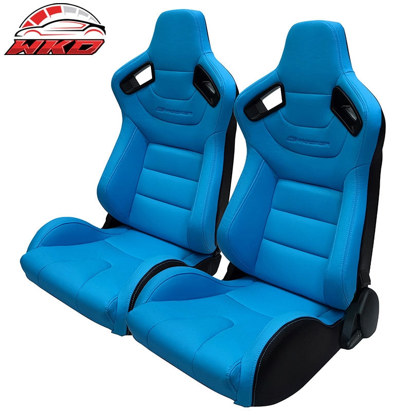 Wholesale Universal Pair Reclinable Racing Seat + Dual Slider PU Carbon Leather Light Blue