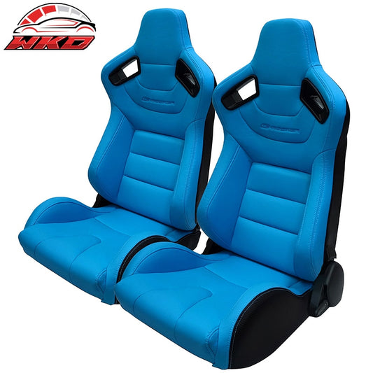 Wholesale Universal Pair Reclinable Racing Seat + Dual Slider PU Carbon Leather Light Blue