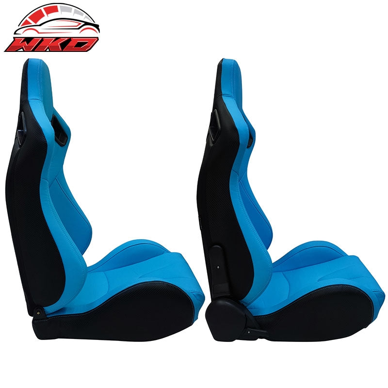 Universal Pair Reclinable Racing Seat + Dual Slider PU Carbon Leather Light Blue