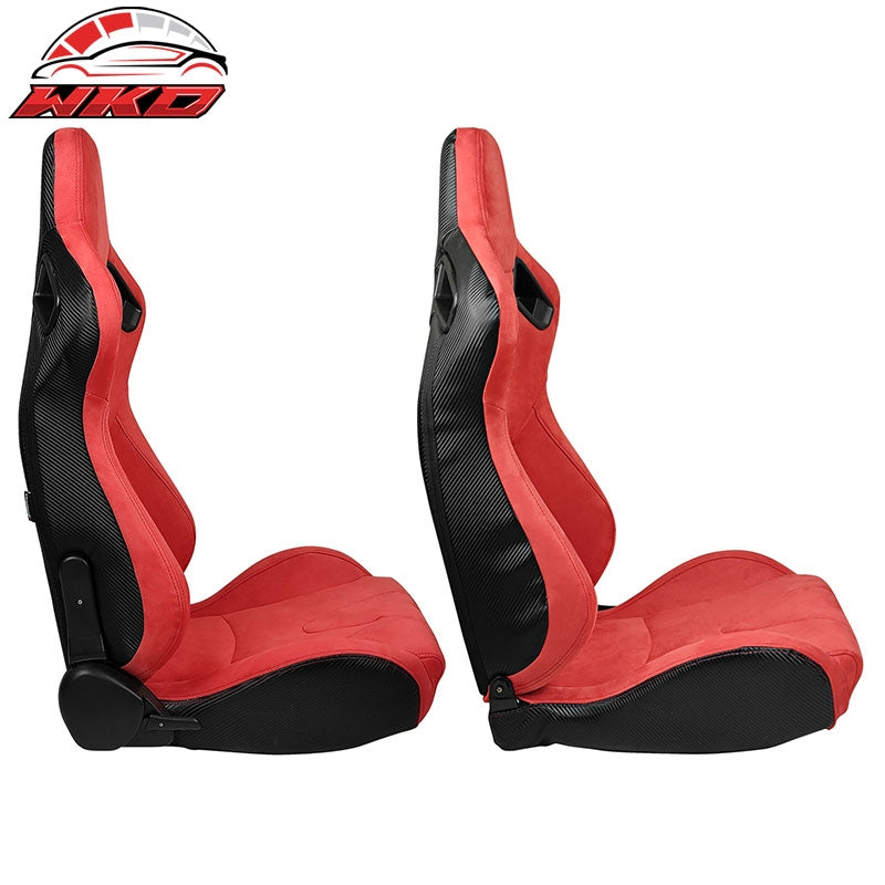 Universal Pair Reclinable Racing Seat Dual Slider Red Suede&Carbon Leather