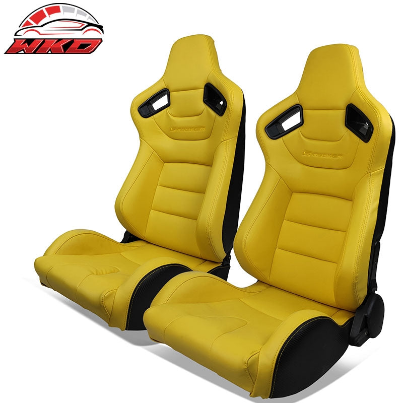 Wholesale Universal Pair Reclinable Racing Seat + Dual Slider Yellow PU & Carbon Leather