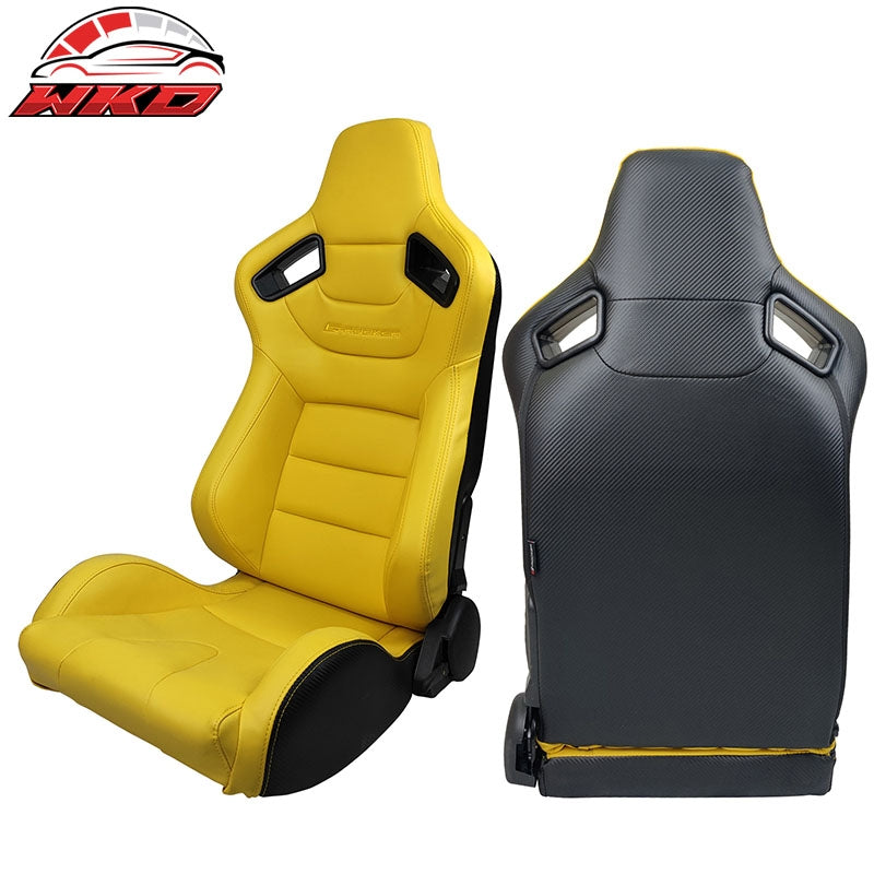 Universal Pair Reclinable Racing Seat + Dual Slider Yellow PU & Carbon Leather