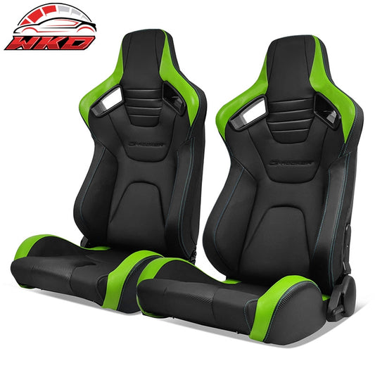 Wholesale Universal Pair Reclinable Racing Seat Dual Slider PU&Carbon Leather Green Stripe