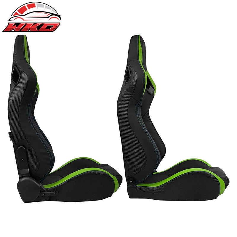 Universal Pair Reclinable Racing Seat Dual Slider PU&Carbon Leather Green Stripe