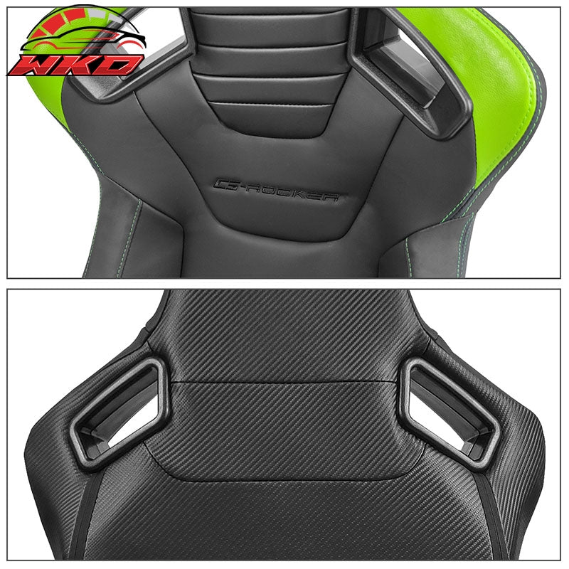 Universal Pair Reclinable Racing Seat Dual Slider PU&Carbon Leather Green Stripe