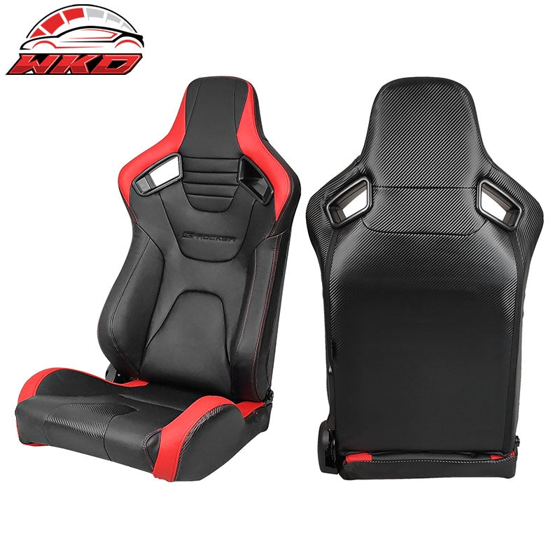 Universal Pair Reclinable Racing Seat Dual Slider PU&Carbon Leather Red Stripe